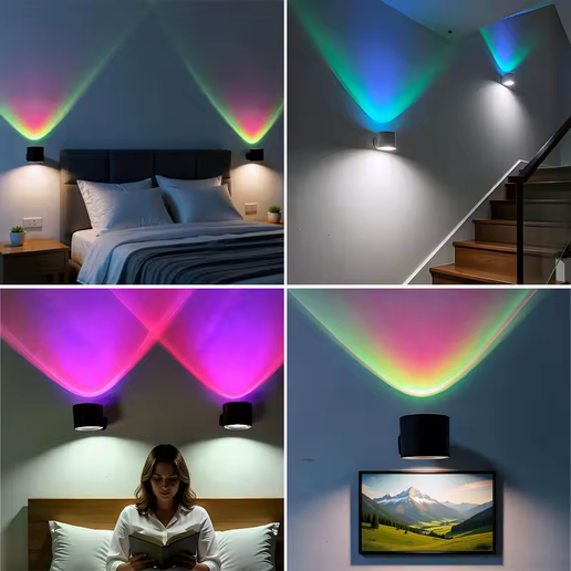 Wireless RGB Wall Lamp – Touch/Remote Control, Rotatable, Rechargeable Bedside Night Light