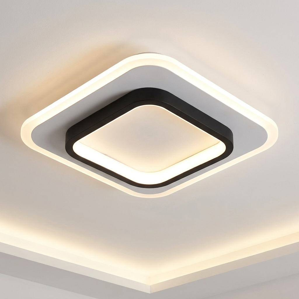 Modern LED Flush Mount Ceiling Light | Square Double-Layer Black & White Acrylic Panel Light – Minimalist Corridor Hallway & Living Room Lighting