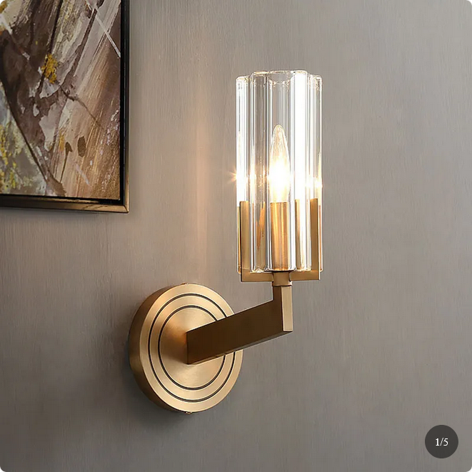 1-Light Gold Crystal Wall Sconce | Luxury Brass Bedroom Bedside Lamp | Modern Minimalist Wall Light