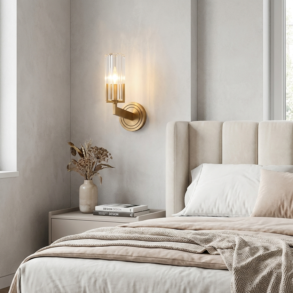 1-Light Gold Crystal Wall Sconce | Luxury Brass Bedroom Bedside Lamp | Modern Minimalist Wall Light