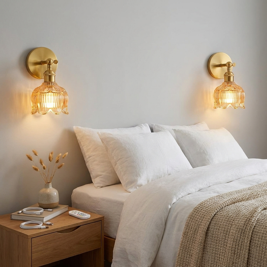 2-Pack Vintage Brass Floral Glass Wall Sconce – USB Rechargeable RGB Remote Dimmable Cordless Lamp